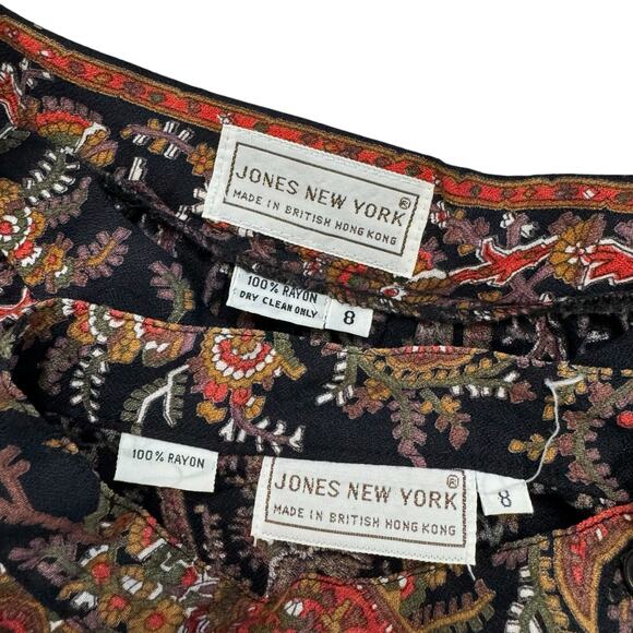 JONES NEW YORK Vintage Black Fall Paisley Skirt Set Size 8 High Neck Asymmetric - Picture 8 of 13